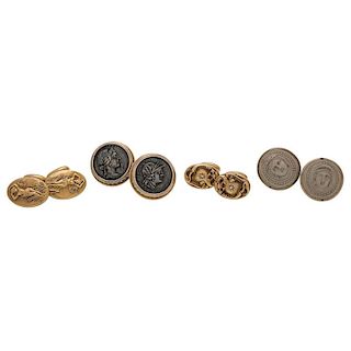 Three Pairs of Antique Cufflinks with Coin Cufflinks in 18 Karat Yellow Gold