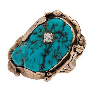 Les Baker Turquoise and Diamond Ring in 14 Karat Gold