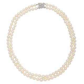 Double Pearl Strand Necklace with Mine Cut Diamond Clasp in 14 Karat White Gold