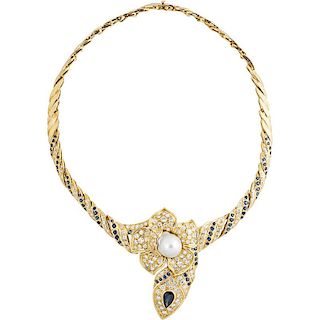 DIAMOND, SAPPHIRE & BAROQUE PEARL YELLOW GOLD FLOWER NECKLACE
