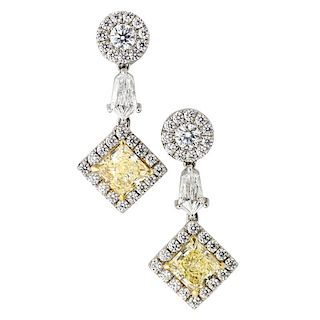 1.72 OR 1.76 CTS. YELLOW & WHITE DIAMOND & PLATINUM DROP EARRINGS