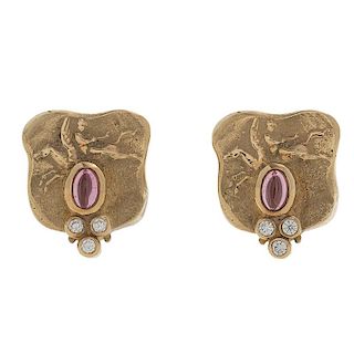 Seidengang Pink Tourmaline and Diamond Earrings in 18 Karat Yellow Gold