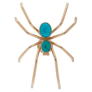 Turquoise and 14 Karat Yellow Gold Spider Pin