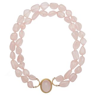 Rose Quartz Double Strand Necklace with 18 Karat Yellow Gold Clasp