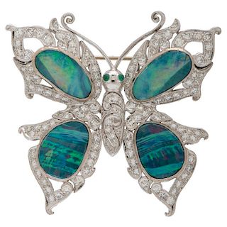 Opal and Diamond Butterfly Brooch in 18 Karat White Gold
