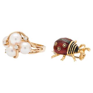 Pearl and Diamond Ring with Ladybug Pin in Karat Gold
