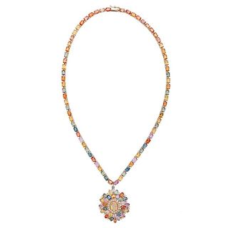 Multi-Color Sapphire and Diamond Necklace in 14 Karat Yellow Gold