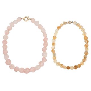 Hammered Rose Quartz and Citrine Necklaces with 14 Karat Gold Clasps