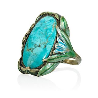 ARTS & CRAFTS TURQUOISE & ENAMELED SILVER RING