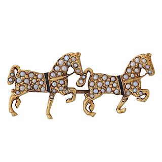 EDWARDIAN SEED PEARL & YELLOW GOLD HORSE BROOCH