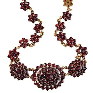 VICTORIAN BOHEMIAN GARNET, SEED PEARL & GOLD-FILLED NECKLACE