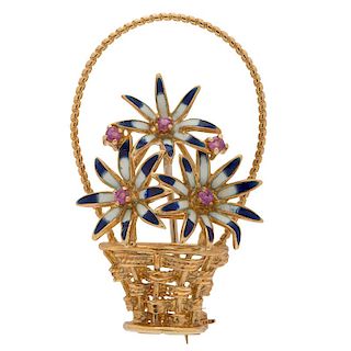 Uno-A-Erre Flower Basket Brooch in 18 Karat Yellow Gold