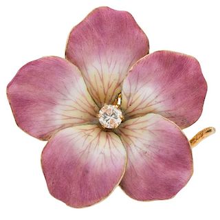 Pink Enamel Flower Brooch/Pendant in 14 Karat Yellow Gold