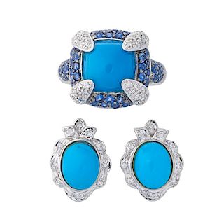 TURQUOISE, DIAMOND AND  OR SAPPHIRE WHITE GOLD RING & EARRINGS