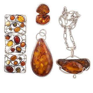 GROUP OF BALTIC AMBER & SILVER PENDANTS