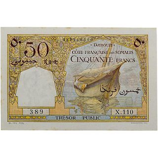 1952 FRENCH SOMALILAND 50 FRANCS NOTE