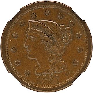 U.S. 1857 BRAIDED HAIR 1C COIN