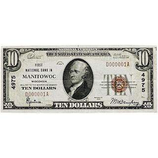 1929 FIRST NATIONAL BANK OF MANITOWOC $10 NOTE