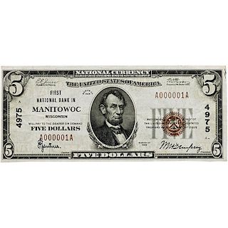 1929 FIRST NATIONAL BANK OF MANITOWOC $5 NOTE