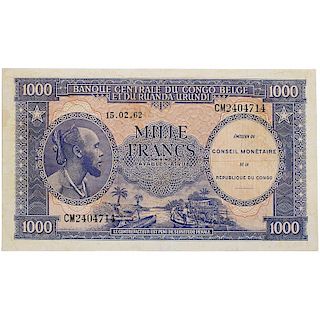 1962 DEMOCRATIC REPUBLIC OF CONGO 1000 FRANCS NOTE