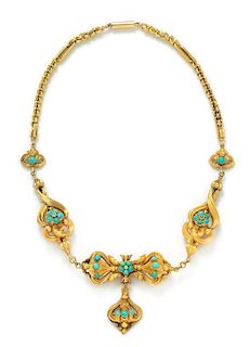 * An Early Victorian 15 Karat Yellow Gold and Turquoise RepoussŽ Necklace, 18.30 dwts.