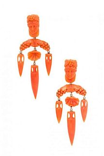 A Pair of Victorian Carved Cameo Coral Drop Earrings, 6.30 dwts.