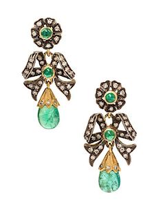 A Pair of Silver Topped Gold, Emerald and Diamond Bow Motif Drop Earrings, 6.80 dwts.