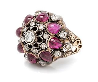 A Silver Topped 18 Karat Yellow Gold, Diamond and Ruby Harem Ring, 5.80 dwts.