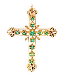 A Yellow Gold and Emerald Cross Pendant/Brooch, 8.30 dwts.