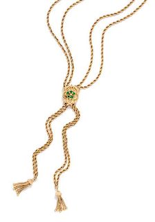 A 14 Karat Yellow Gold and Dyed Green Chalcedony Slide Necklace with Tassels, 34.30 dwts.