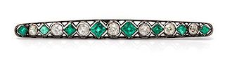 A Victorian Silver Topped Gold, Diamond and Emerald Bar Brooch, 6.30 dwts.