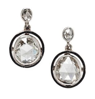 A Pair of Platinum, Diamond, and Enamel Dangle Earrings, 4.10 dwts.