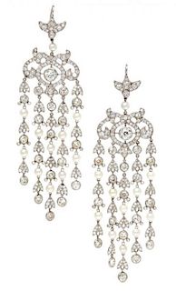 A Pair of Platinum, Diamond and Pearl Chandelier Earrings, 22.60 dwts.