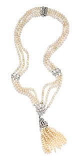 An Art Deco Platinum, Pearl and Diamond Tassel Necklace,