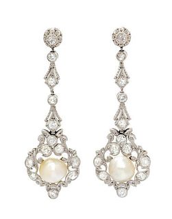 A Pair of Edwardian Platinum, Pearl and Diamond Drop Earrings, 6.80 dwts.