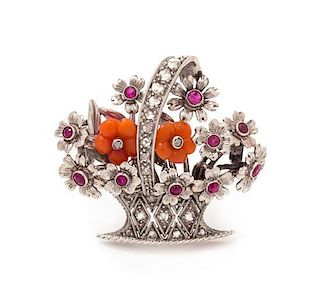 An Art Deco Platinum, Coral, Ruby and Diamond Giradinetto Brooch, 4.30 dwts.
