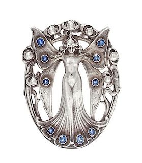 * An Art Nouveau Sterling Silver and Sapphire 'Winged Goddess' Brooch, Gorham, 17.60 dwts.