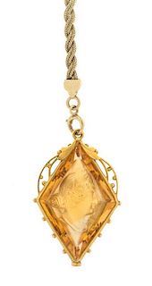 * An Edwardian 14 Karat Yellow Gold and Citrine Cameo Lavalier Necklace, 12.60 dwts.