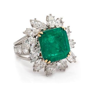 A Platinum, Yellow Gold, Emerald and Diamond Ring, 9.80 dwts