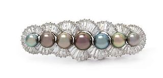 A Platinum, 18 Karat White Gold, Cultured Tahitian Pearl and Diamond Bar Brooch, French, 23.70 dwts.