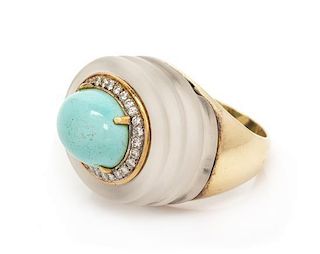 A 14 Karat Yellow Gold, Turquoise, Diamond and Rock Crystal Ring, 10.60 dwts.