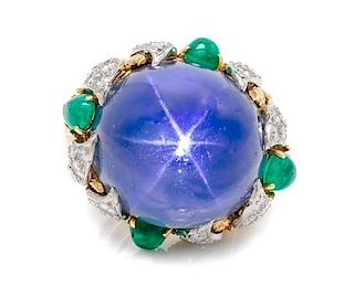 A Platinum, 18 Karat Yellow Gold, Star Sapphire, Emerald and Diamond Ring, David Webb, 20.60 dwts.