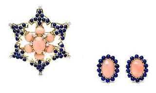 * A Yellow Gold, Coral, Lapis and Diamond Demi Parure, 33.20 dwts.