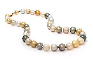 A Graduated Single Strand Multicolored Cultured South Sea and Tahitian Pearl Necklace, 37.10 dwts.