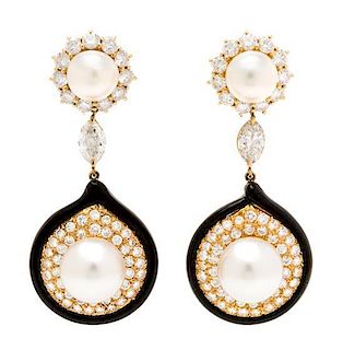 A Pair of Yellow Gold, Diamond, Cultured South Sea Pearl and Onyx Pendant Earrings, 17.60 dwts.