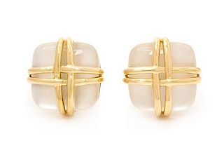 A Pair of 18 Karat Yellow Gold, Rock Crystal and Mother-of-Pearl Earclips, Valentin Magro, 20.45 dwts.
