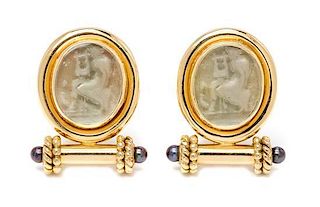* A Pair of 18 Karat Yellow Gold, Venetian Glass, Mother-of-Pearl and Seed Pearl Earclips, Elizabeth Locke, 14.30 dwts.