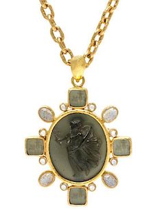 * A 19 Karat Yellow Gold, Venetian Glass, Mother-of-Pearl and Moonstone Pendant/Brooch Necklace, Elizabeth Locke, 51.80 dwts.