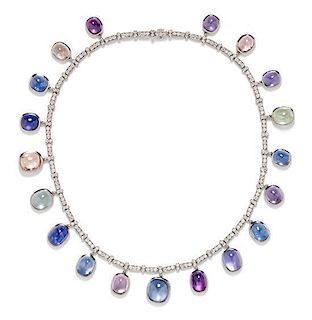 A Platinum, Multicolored Sapphire and Diamond Fringe Necklace, 50.60 dwts.