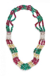 A Custom Yellow Gold, Platinum, Ruby and Emerald Swag Necklace with Converted Diamond and Ruby Clips/Clasp, David Webb, 95.70